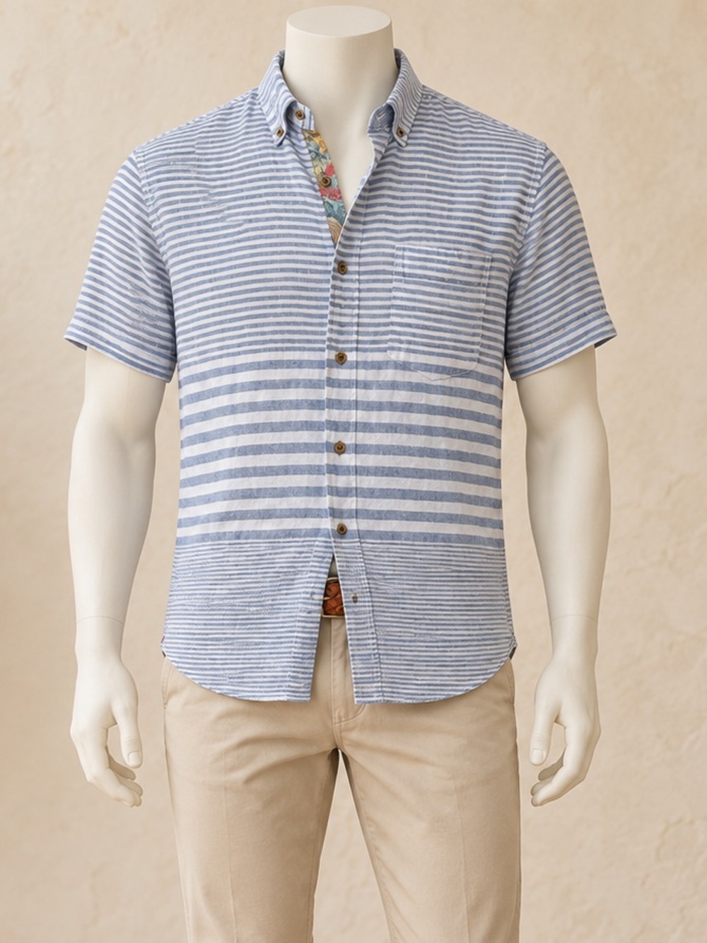 Tailor Vintage 100% Linen Blue White Striped Short Sleeve Button Down Shirt M
